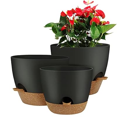 UUBEMM Self Watering Planters with Drainage Holes, Set of 3 Plastic Plant Pots with Deep Reservoir for Indoor Outdoor Garden Flowers Plants,10+9+8 Inch (Black)
