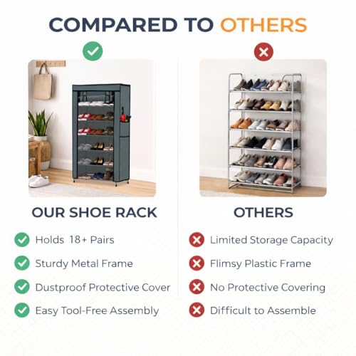 Image of 6 Tier Metal Shoe Rack Organizer | Large Capacity Footwear Storage Stand for Sneakers, Heels, Sandals & Slippers | Space Saving Multi Layer Shoe Shelf for Home, Closet, Entryway & Bedroom