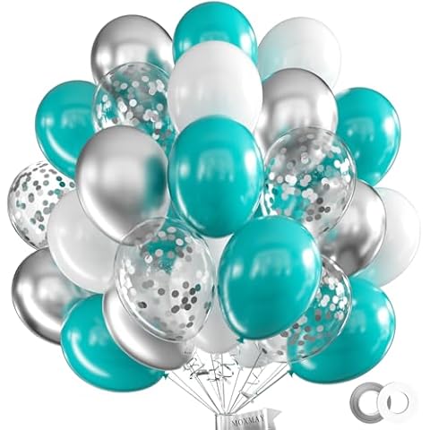 MOXMAY 62Pcs 12Inch White Silver Teal Blue Balloon Arch Kit, Matte White Metallic Silver Confetti Party Balloons with Ribbons for Birthday, Wedding, Baby Shower, Graduation Decorations Cover
