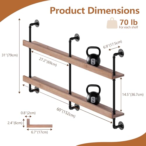 Image of Wall Mounted Wine Rack with LED Light, LED Industrial Pipe Wine Shelf, 2-Tier Hanging Bottle Rack, Bar Storage Shelf for Bottles (Weathered Brown, 60 inch)