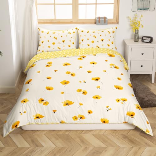 Botanical Duvet Cover Full Yellow Flowers and Grid Floral Garden