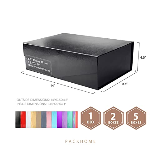 Packhome Gift Box 13.5X9X4.1 Inches, Large Gift Box With Lid, Groomsman Box, Sturdy Gift Box, Collapsible Gift Box With Magnetic Closure (Glossy Black, Grass Texture) #TOP5