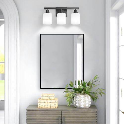 Image of 3-Light Bathroom Vanity Light,Modern Matte Black Bathroom Light Fixtures with Square Frosted Glass,Wall Sconces Lighting fixtures Over Mirror Restroom, Living Room Hallway