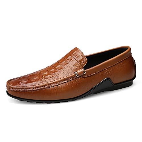 Fashion Embossed Penny Loafers for Men Genuine Leather Lightweight Comfortable Dress Wedding Casual Shoes Anti-Slip Flat Slip-on Round Toe(Brown,10 M US)