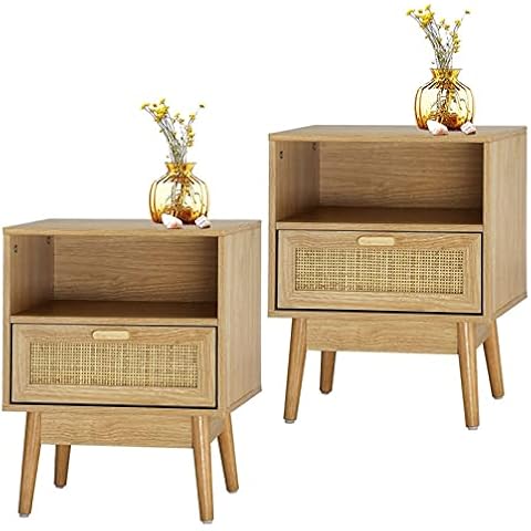 TEETOK Rattan Bedside Table with Storage Cover