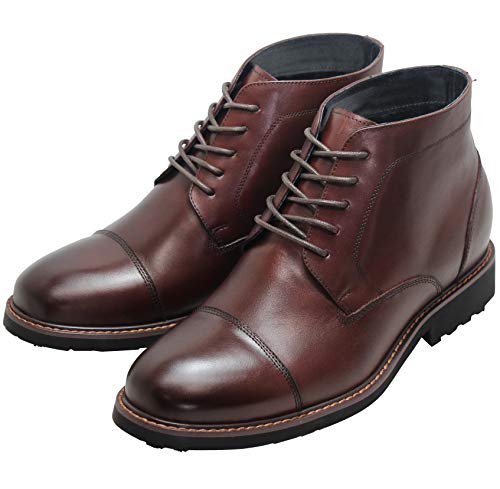 CALTO Men's Invisible Height Increasing Elevator Shoes - Dark Brown Leather Lace-up Cap-toe Boots with Inner Faux Fur - 3.2 Inches Taller - Y41081 - Size 9 D(M) US3