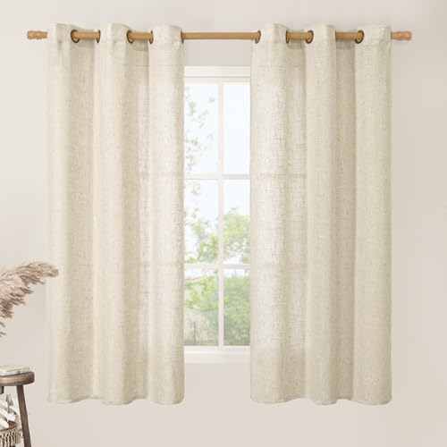 Image of LAMIT Beige Linen Curtains 60 Inch Length for Kitchen, Light Filtering Short Drapes Bronze Grommet Window Treatment Panels for Bedroom /Small Windows, 2 Panels, 34 x 60 Inch