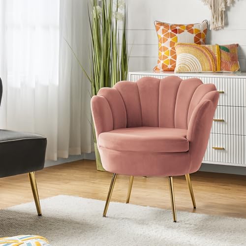 Image of HULALA HOME Modern Velvet Accent Chair with Shell Shaped Back, Cute Living Room Bedroom Armchair Sofa Chair with Gold Legs, Comfy Upholstered Vanity Chair for Makeup Room, Pink