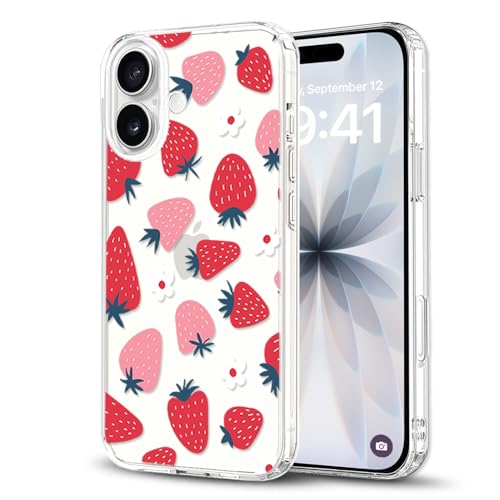 KEXAAR Compatible with iPhone 16 Case Cute Floral Case Clear Hard Back Fruit Strawberry Summer Flowers Design Slim Shockproof Drop Protection Anti-Scratch Cover for Women Girls, 6.1inch (Stawberry16) by KEXAAR - Used condition - CA$10.20