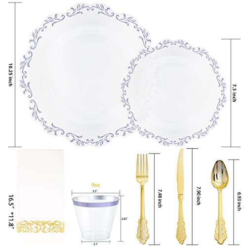 Pulote 175Pcs Purple Plastic Plates-Clear Plastic Plates With Purple Rim-Purple Plastic Dinnerware Include 25 Dinner Plates,25 Dessert Plates,25 Guests Cutlery,25 Cups,25 Napkins For Mother's Day #TOP1