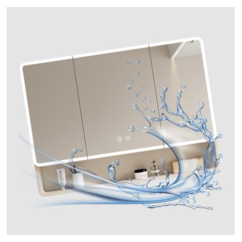 Armario LED con espejo de baño con puertas dobles, montado en la pared con interruptor inteligente antivaho e interruptor táctil, salida integrada, color blanco (90 x 88 cm)