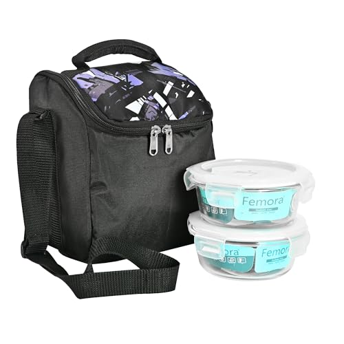 Image of Femora Borosilicate Glass Container Lunch Box with Bag for Office, School, Black, Round, 380 ML (2 Container+ 1 Bag)