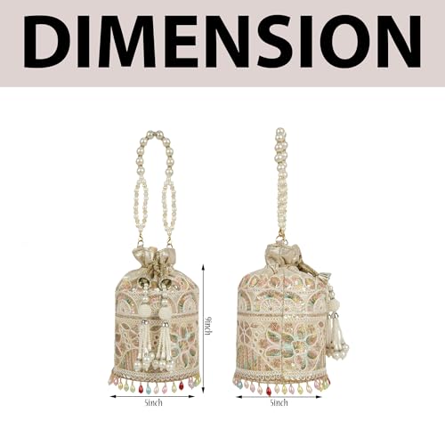 Image of Nevis Silk Fabric Embroidered Potli Bag with Pearl Beaded Handle | Designe Ethnic Drawstring Clutch for Wedding, Festive