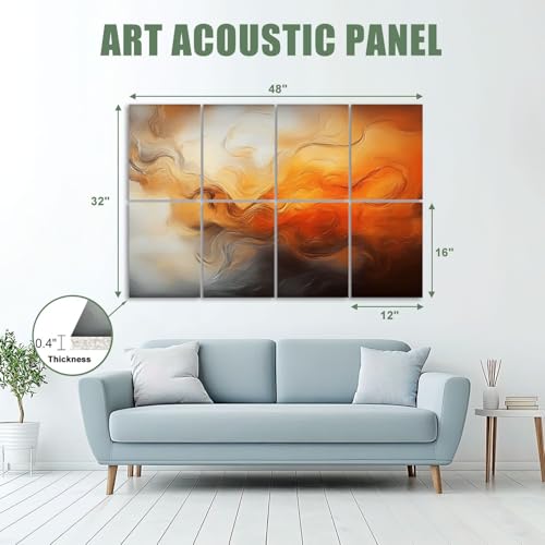 Paneles Acústicos Artísticos 8 Pack Absorción de Sonido con Patrones Abstractos Naranja y Movimiento Fluido 48"x32" miniatura 2