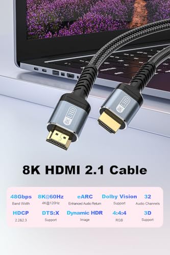 Image of 10K 8K 4K HDMI 2.1 Cable 8ft, 48Gbps Ultra High Speed HDMI Cable Braided Cord-8K@60Hz 4K@120Hz, Dynamic HDR, eARC, HDCP 2.2&2.3, 3D, for TV /Laptop /Monitor /PS5 /Xbox /Projector /Entertainment /Sound System