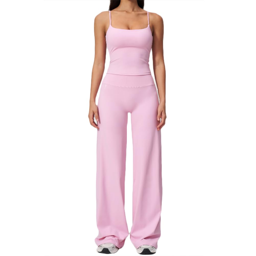 XYFfybhsd Women's Sleeveless Vest Flares Legging Yoga Set Fitness Wear Gym (Size:XL,Color:Pink)