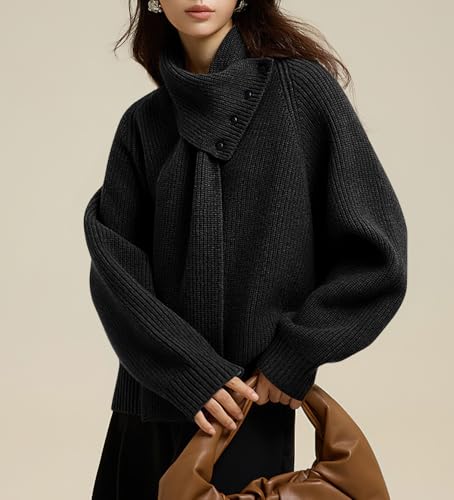 chouyatou Women's Casual V Neck Pullover Sweaters Ribbed Knit Slouchy Jumper Tops with Removable Scarf3