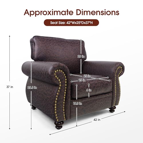 Image of Couchus Mid-Century Accent Chair with Nailhead Trim, Faux Leather Upholstered Armchair for Living Room, 42 inch Upholstered Sofa Chair for Bedroom (Brown, Single)