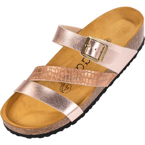 Palado Pantoletten Damen Chios - bequeme Sandalen Made in Spain - Hausschuhe mit dämpfendem Kork-Fußbett - modische Sommerschuhe Metallic Rosegold UK7 - EU40