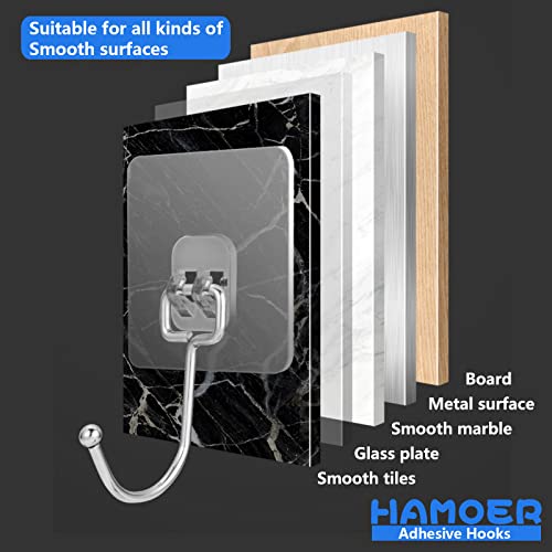 Hamoer Large Adhesive Wall Hooks-22Lb(Max) Nail Free Sticky For Hanging Towel Keys All-Purpose, Complimentary Little Towel, Gift Box Packaging 8 Pack, Silver #TOP4