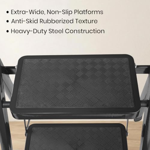 Image of Casa Copenhagen Black 4 Step Ladder for Home Use with Built-in Tool Tray | Heavy Duty D Shape Rods | Ultra Large Platform | Wide Rubber Feet | 150Kg Capacity Foldable Ladder - 7 Years Warranty
