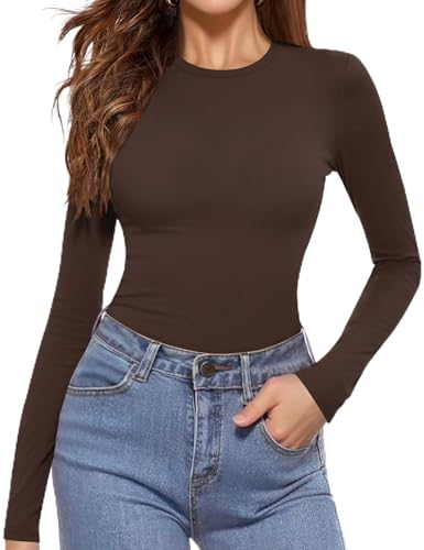 Aottori Shirt Damen Langarm Rundhals Unterziehshirt Baumwolle Weich Basic Langarmshirt Slim Fit Thermo Oberteil Elegant für Alltag Büro Freizeit Braun XS