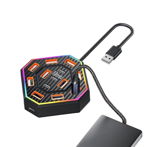 USB de 13 puertos: concentrador multimonitor con iluminación RGB, concentrador de conectividad integral para portátiles, sistema de expansión de escritorio profesional | Solución de configuración para