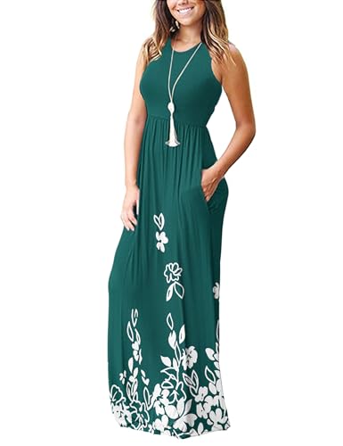 Image of AUSELILY Women's Summer Sleeveless Loose Plain Casual Long Maxi Dresses | Year Round wear solid floral print, Casual daily wear, Empire waist, Floor length, Side pockets New