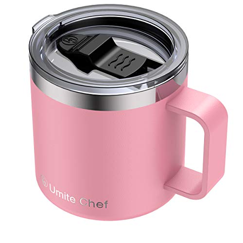 Stainless Steel Insulated Coffee Mug Tumbler with Handle Umite Chef 14oz Double Wall Vacuum Travel Tumbler Cup with Sliding Lid Travel Friendly Pink