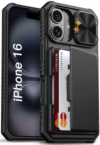 Vihibii for iPhone 16 Case Wallet with Card Holder (4 Cards) [RFID Blocking] & Slide Camera Cover Military Grade Drop Protection Rugged Hard Back & Silicone Edge Phone Case 6.1 2024 Black