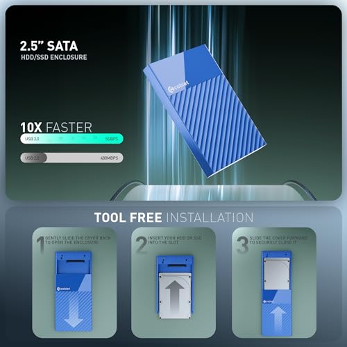 Image of Cablet 2.5 Inch SATA USB 3.0 HDD /SSD Portable External Enclosure for 7mm and 9.5mm, Tool-Free Design, Supports UASP Max 6TB (HD2577-U3-BL)