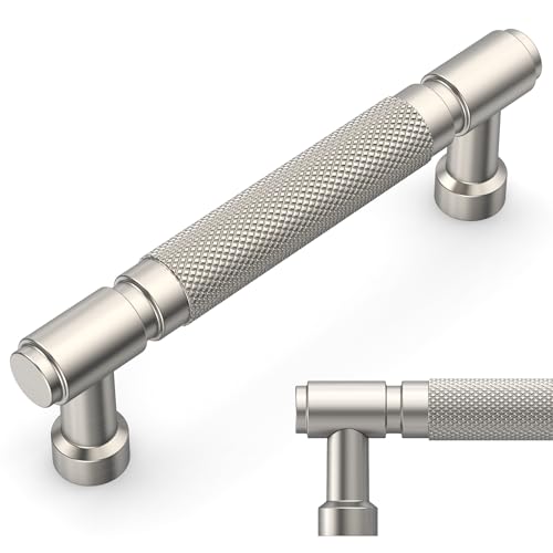 Amerdeco 10 Pack Brushed Satin Nickel knurled Cabinet Pulls 3.75 Inch(96mm) Hole Center Drawer Pulls Cabinet Hardware Kitchen Cabinet Handles for Bathroom AM032