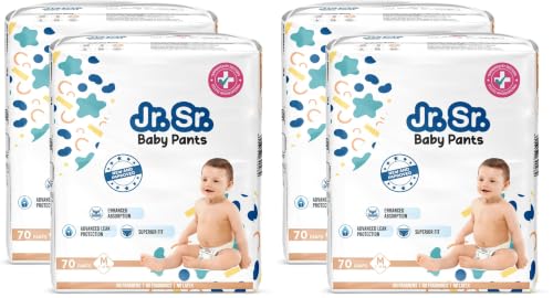Image of Jr. Sr. Baby Diaper Pants | Medium (M) Size (7-12 kg), 140 Count | Pack of 4 | Upto 12 hr Absorption with Advanced Leak Protection | Safe For Babies Skin | Soft, Secure & Comfy