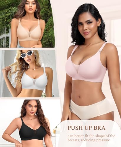 Image of DOCUMO Bras for Women Mesh V Neck No Underwire Soft Wireless Bra Everyday with Lift Push Up Seamless Bralettes for Women with Bra Extender(Pink,Small)