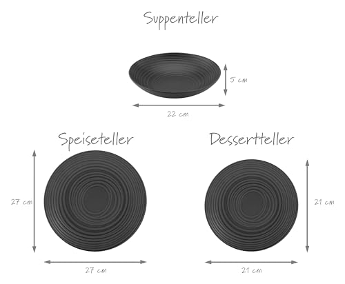 CreaTable, 20569, Serie Lava Stone Black, 18-teiliges Geschirrset für 6 Personen, Teller Set aus Steinzeug, spülmaschinen- und mikrowellengeeignet, Made in Portugal