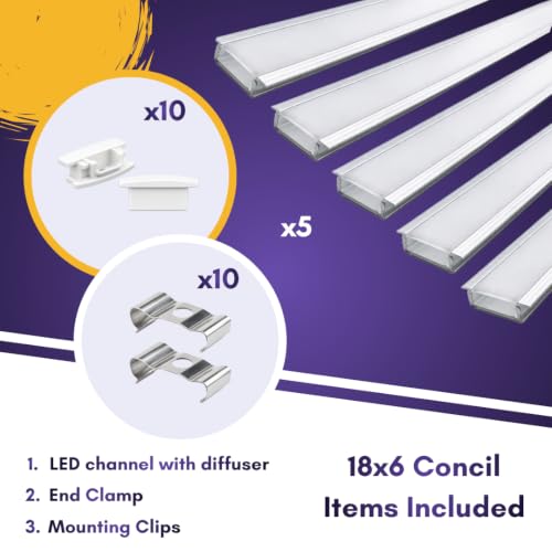 Image of Lighting 18x6mm LED Strip Lights 1 Meter Aluminium Rectangular Concealed Profile Light Channels with Diffused Cover, End Caps and Mounting Clips Without LED Straight Linear, (Pack of 5)