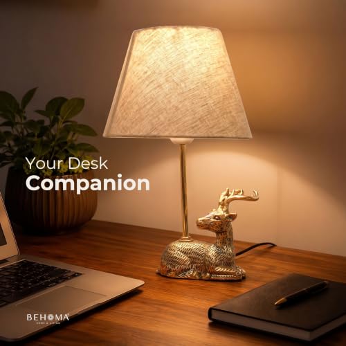 Image of BEHOMA Luxury Deer Figurine Table Lamp with Antique Gold Aluminium Base & Fabric Shade | Elegant Home & Office Decor | Gift for Men, Kids, Housewarming Anniversary & Birthday (Bulb not Included).