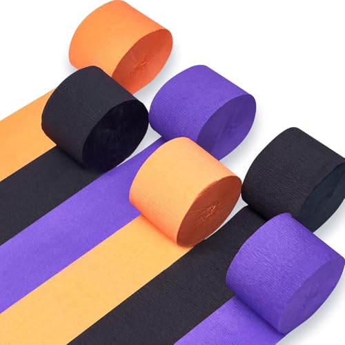 Image of Black Orange and Purple Halloween Crepe Paper Streamers - 6 Rolls Party Streamers for Halloween Black Orange Birthday Party Decorations