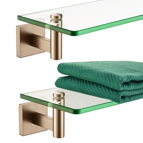 KOKOSIRI Wall Shelves Bathroom Hardware Tempered Glass Floating Shelf Hanging Rack Storage/Room Decor 20-Inch Champagne Bronze 2 Pack B1105CPG-L20-P2