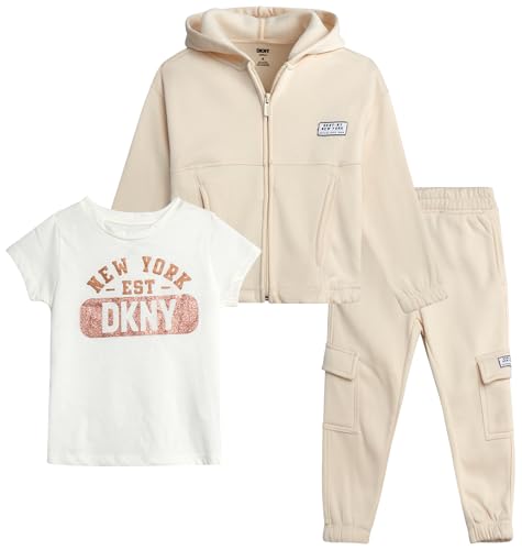 DKNY Toddler Girls' Jogger Set - 3 Piece Fleece Hoodie, Sweatpants, and Short Sleeve Graphic Tee Shirt for Girls (12M-6X)