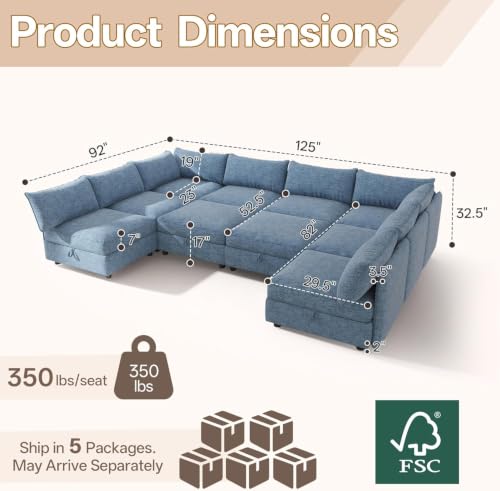 Image of 125 inch 10 Seat Modular Sectional Sleeper Sofa, Chenille Modern Modular Sofa Bed Hidden Storage, Convertible L&U Shaped Sleeper Couch with Ottoman, Couches for Living Room, Blue
