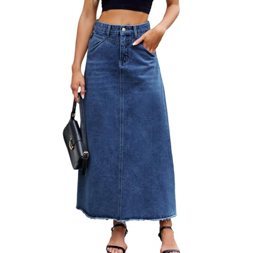 Long Denim Skirts for Women High Waist Frayed Hem Distressed Ankle Length A-Line Jean Skirts