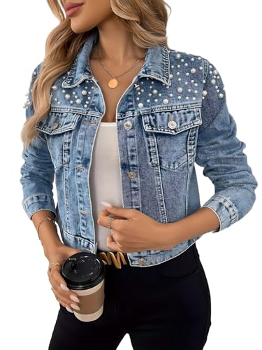 SS-Sunrise Fashion Womens Pearl Embellished Denim Jacket Blue Long Sleeve Button Front Cropped Jean Jacket with Chest Pockets (Large Blue)