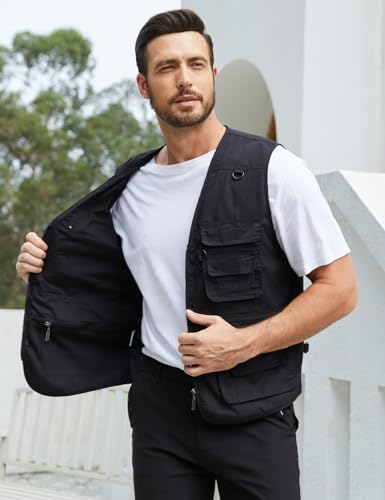Gihuo Men's Fishing Utility Safari Travel Vest with Pockets Outdoor Work Photo Cargo Fly Summer Vest (Black, XX-Large)