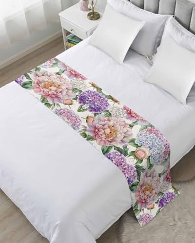 Pink Purple Hydrangea Bed Runner for King Size, Spring Pastoral Flowers Bedspread Protector Slipcover Bed Scarf for Foot Runners & Scarves for Bedroom Hotel Wedding Room 102x20 Inches