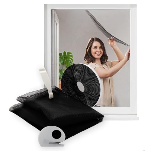 empasa Fliegengitter für Fenster mit Klettband, kürzbarer Insektenschutz ohne Bohren, Fliegennetz aus Polyester Mückennetz Moskitonetz, Größe: 130 x 150 cm, Farbe: schwarz
