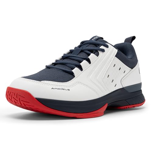 FitVille Wide Tennis Shoes for Men Pickleball Shoes Sneakers | Court Racquetball Athletic Shoes for Racquet Sport | Wide Toe Box & Arch Support (14 X-Wide, White & Navy Blue)