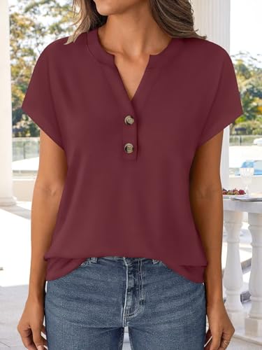 2 Pack Women's Short Sleeve Henley Tops V Neck Dressy Casual Summer Shirts 2025 Trendy Blouses Vacation Clothes3