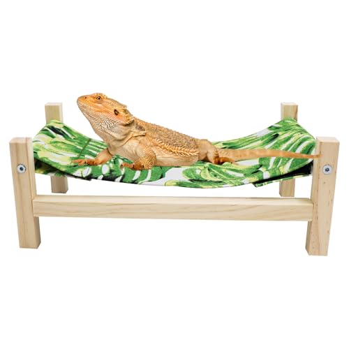 MinrzPet Bearded Dragon Bed, Wooden Reptile Sleeping Hammock, Bearded Dragon Tank Accessories, Habitat Accessories for Leopard Gecko Snake Lizard or Other Small Animal (Green 1, Small)