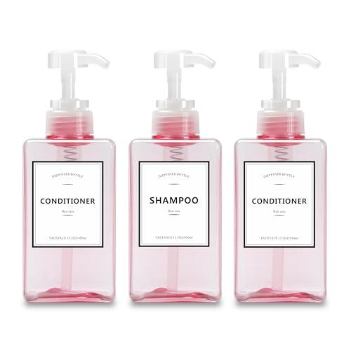 Pink Shampoo and Conditioner, YACEYACE 16.9oz Set of 3 Pink Clear Shampoo Bottles Empty, Shampoo and Conditioner with Pump Dispenser, Shampoo Conditioner, Body Wash Dispenser, Shower Bottles